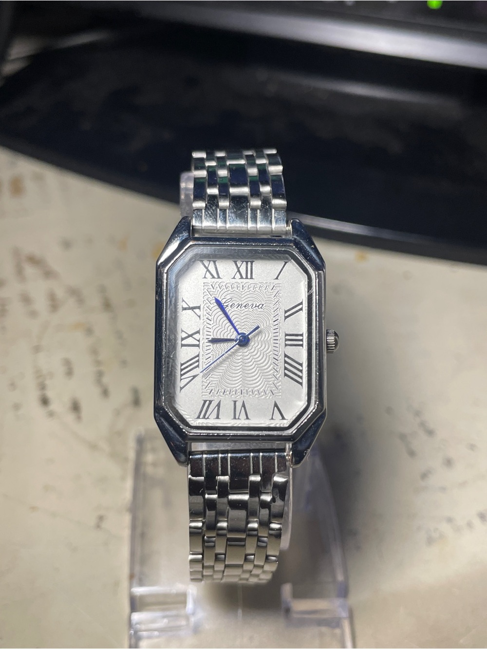 Geneva Silver-Tone Men's Rectangular Watch with Blue Hands